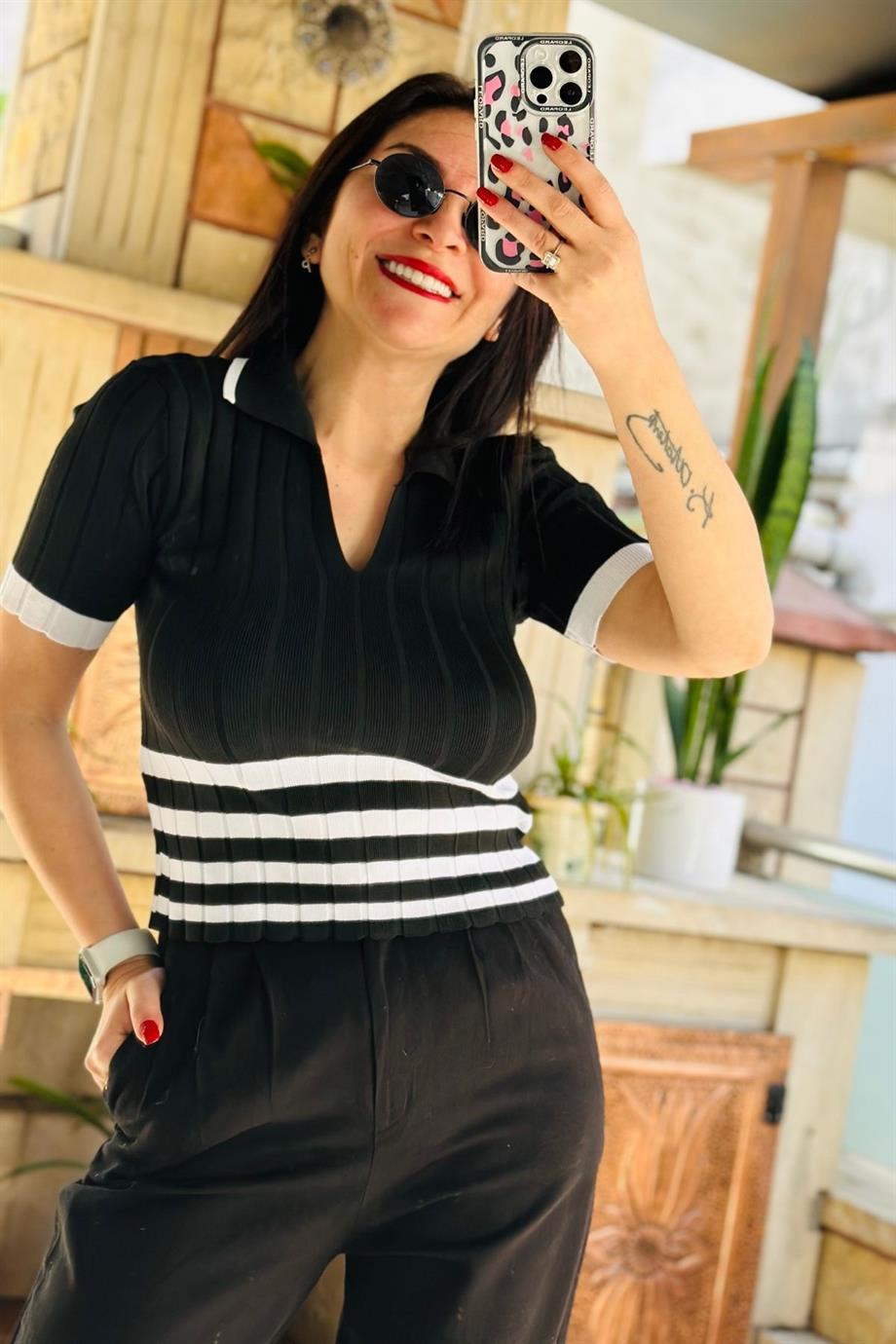 Triko Çizgili Bluz SİYAH