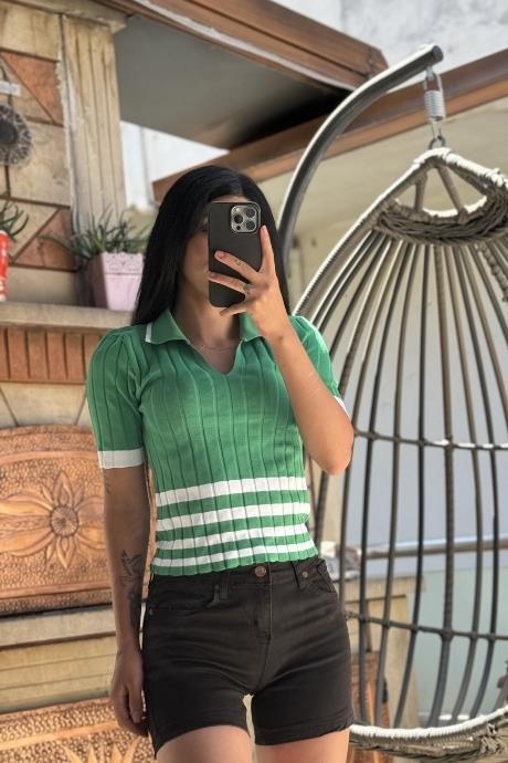 V Yaka Fitilli Şerit Detaylı Triko Crop