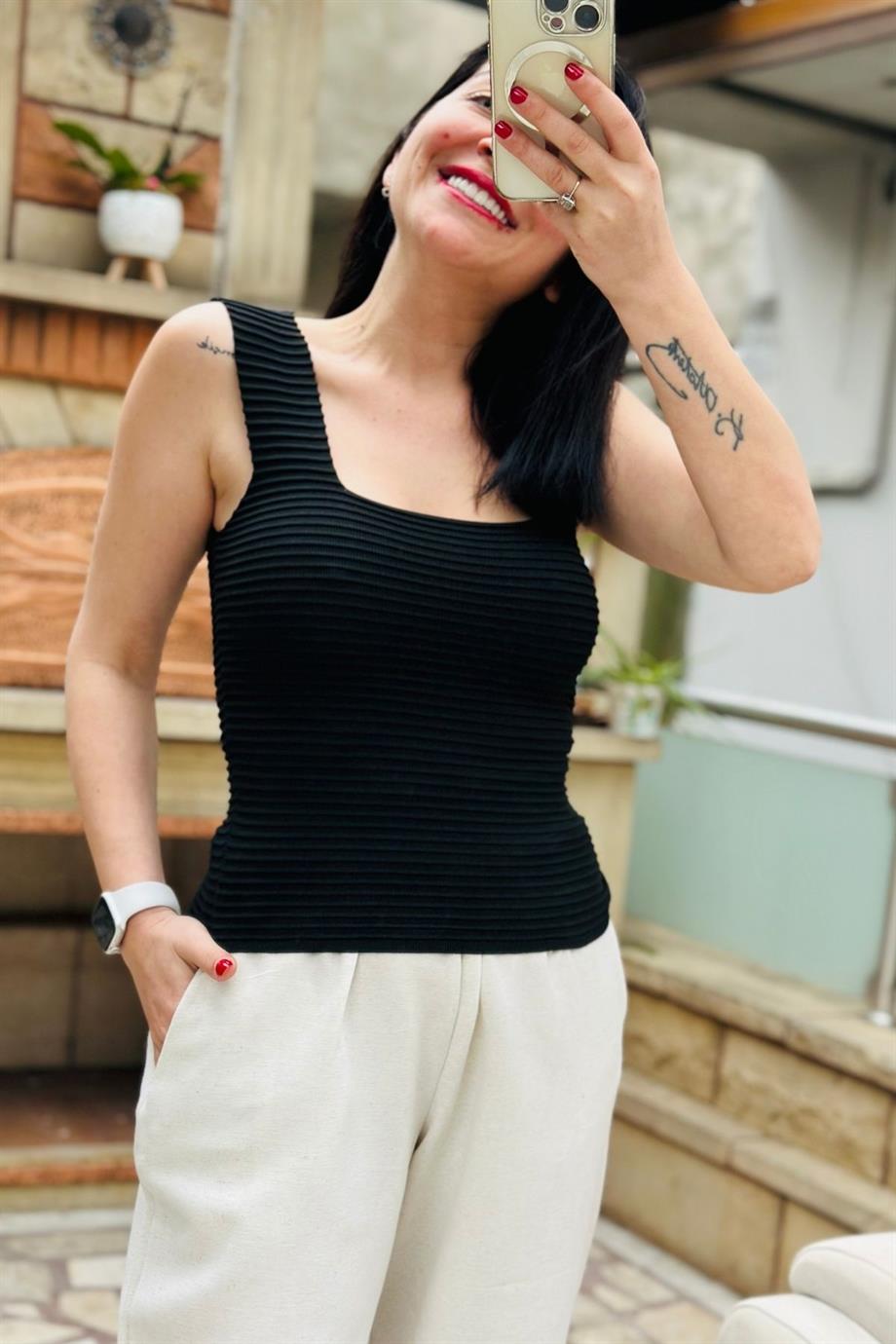 Fitilli Kalın Askılı Crop Top SİYAH