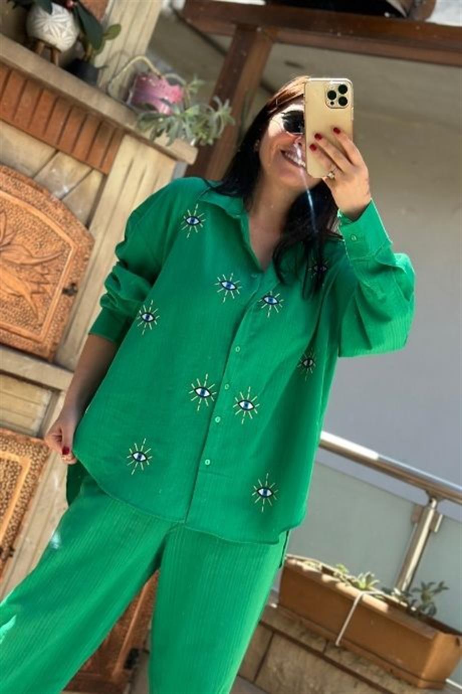 Göz Nakış İşlemeli Keten Gömlek YEŞİL