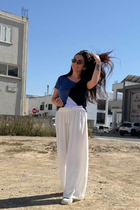 Bel Lastikli Palazzo Model Ayrobin Kumaş Pantolon Beyaz
