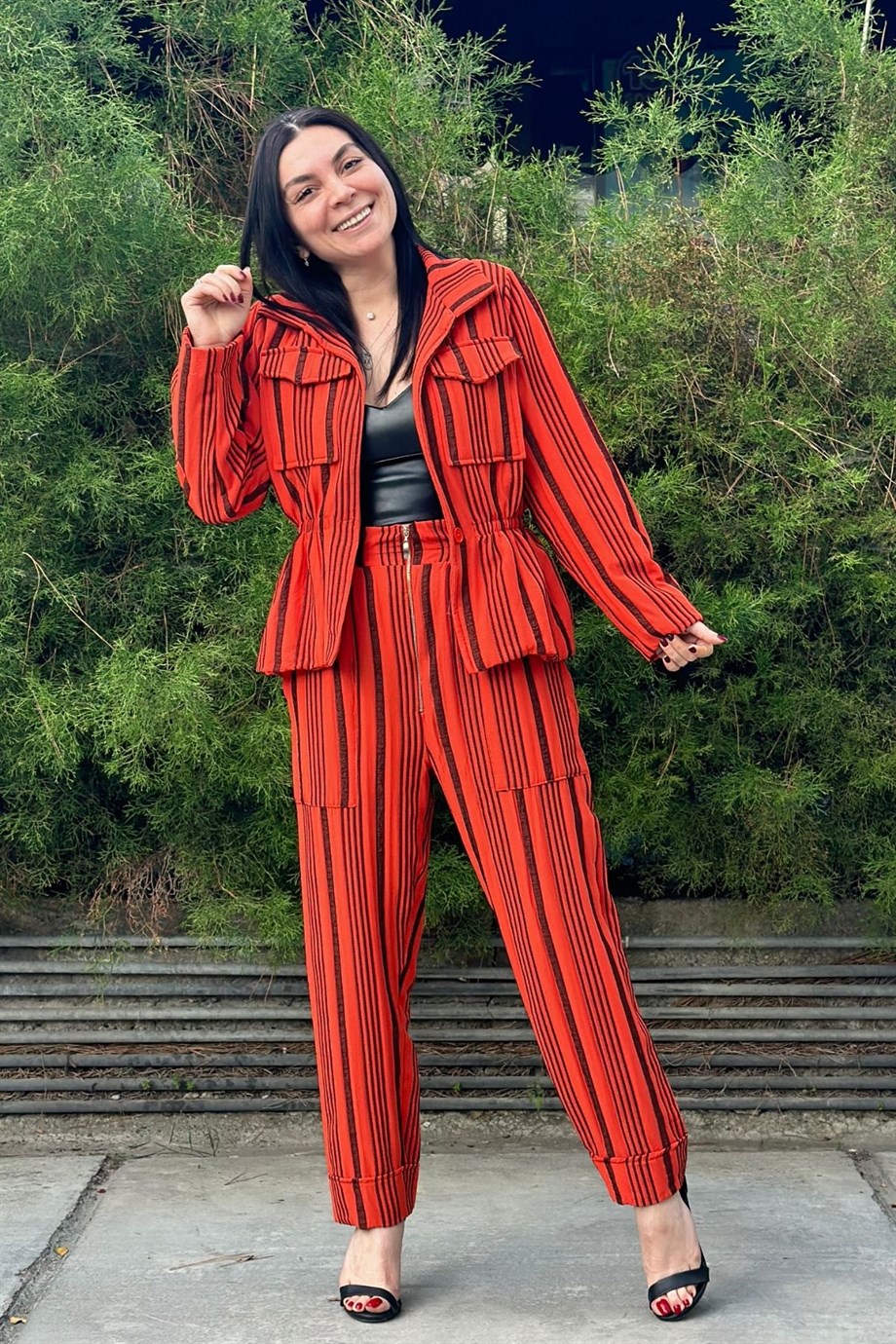 Bel Lastik Tek Düğmeli Astarlı Çizgili Blazer Ceket Kiremit