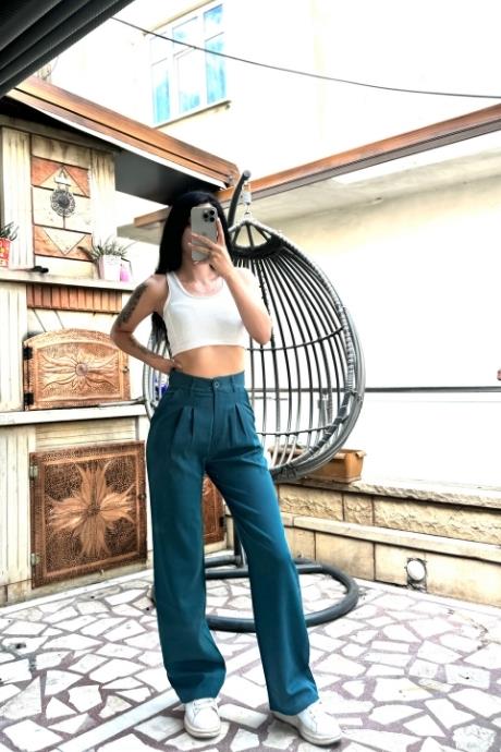 Palazzo Model Atlas Kumaş Pantolon Zümrüt Kumaş