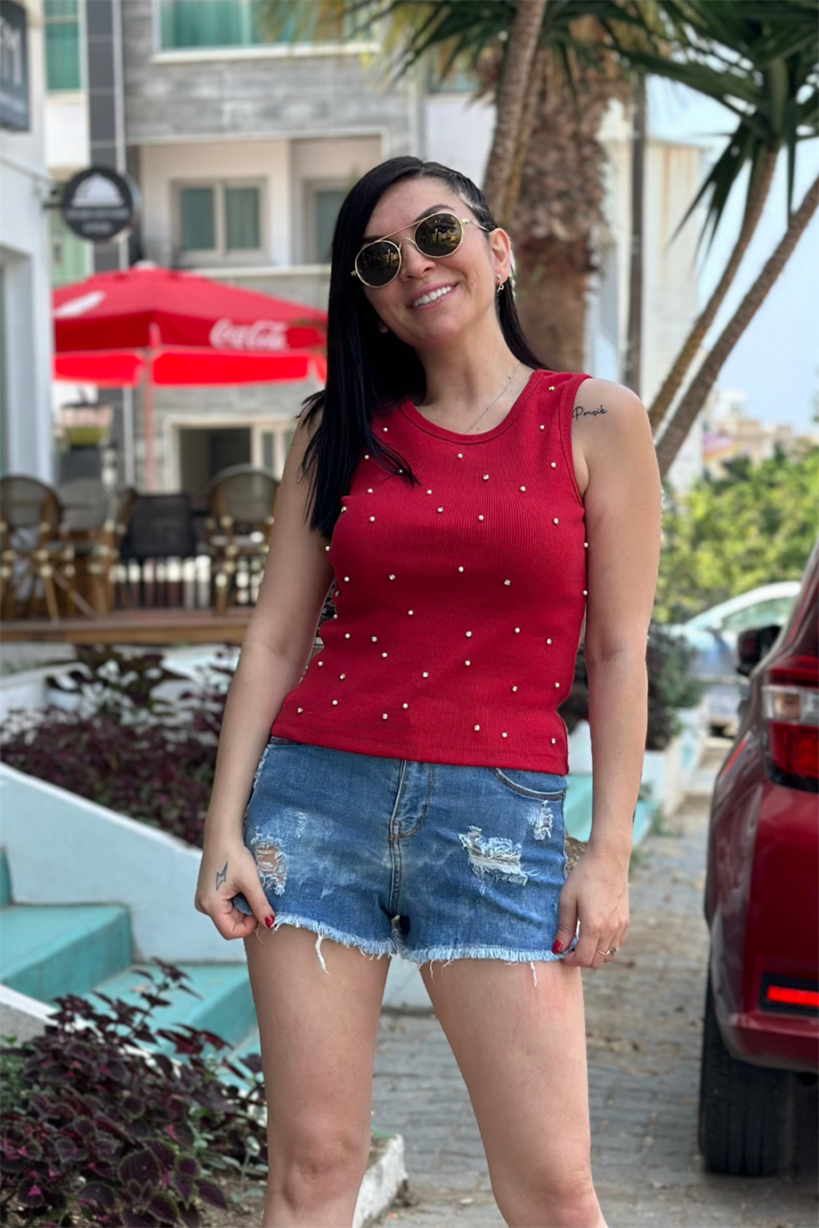 Sıfır Kol İnci Taş Süslemeli Fitilli Kaşkorse Bluz BORDO