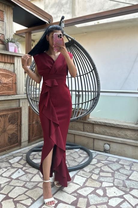 Fırfırlı Kruvaze Yaka Bordo Abiye Elbise