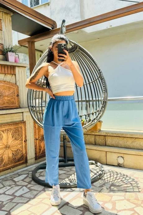 Beli Lastikli Press Paçalı Ayrobin Kumaş Pantolon Saks