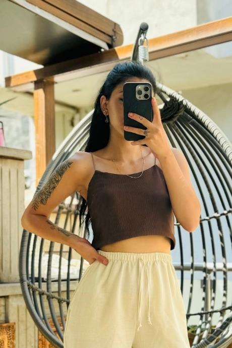 Lastik İp Askılı Kaşkorse Crop Kahverengi