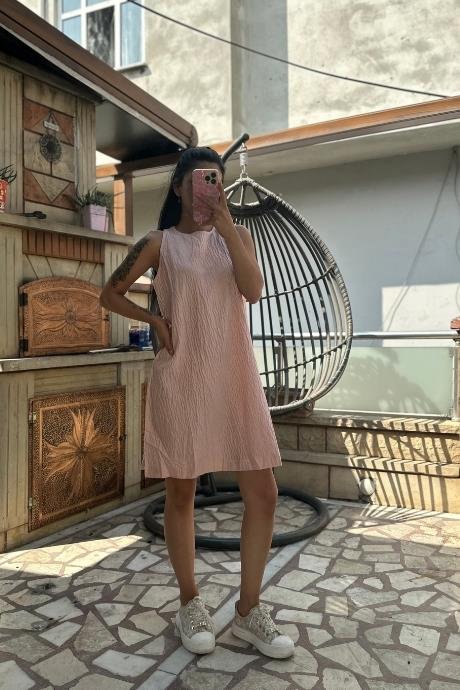 Sıfır Kol Keten Kumaş Efil Elbise Pudra