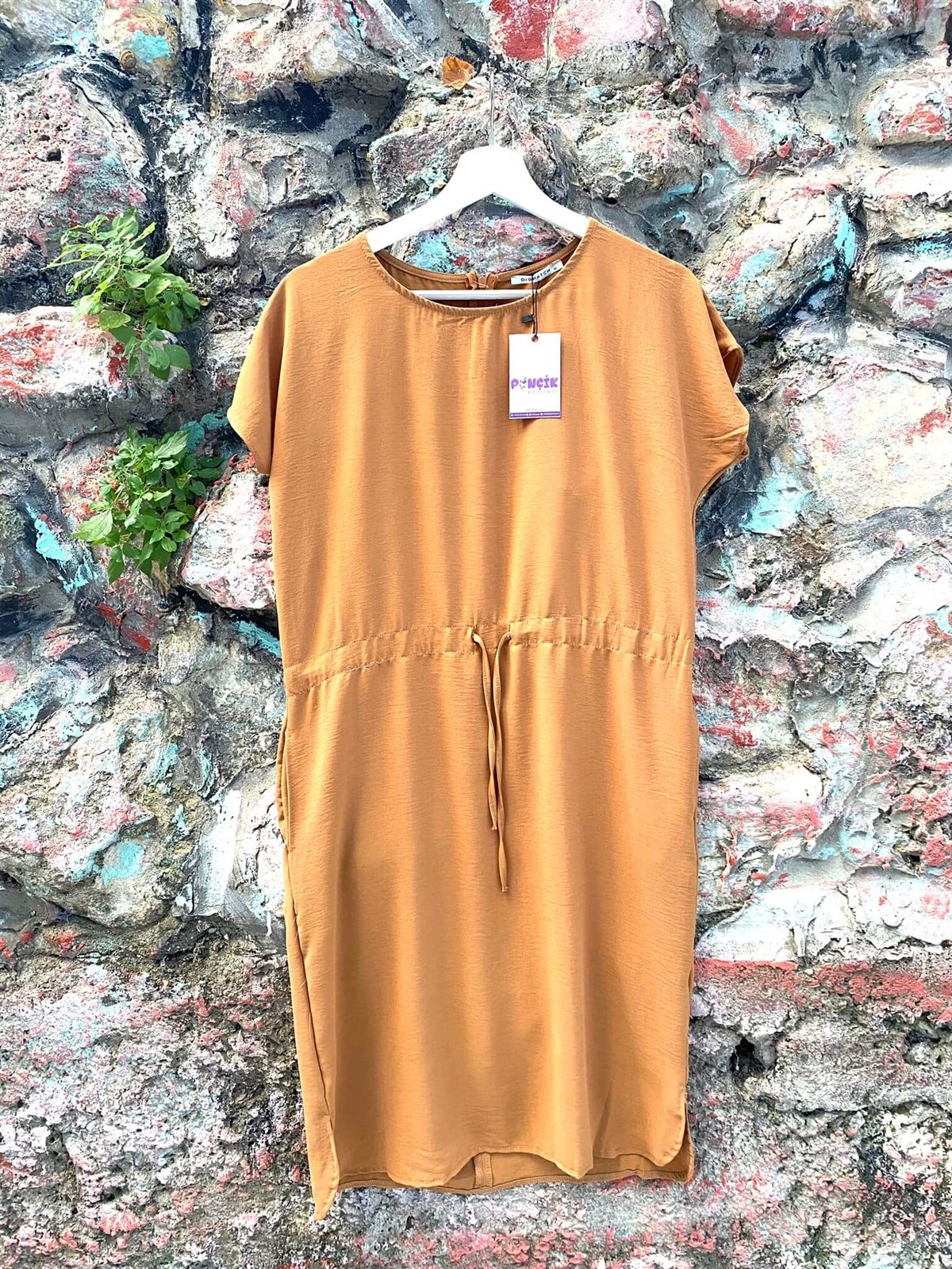 Bel Ayarlanabilir Ayrobin Kumaş Camel Elbise