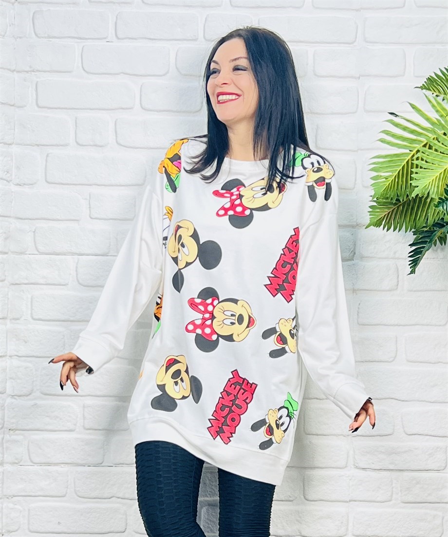 Beyaz Bisiklet Yaka Mickey Mouse Baskılı Sweatshirt 