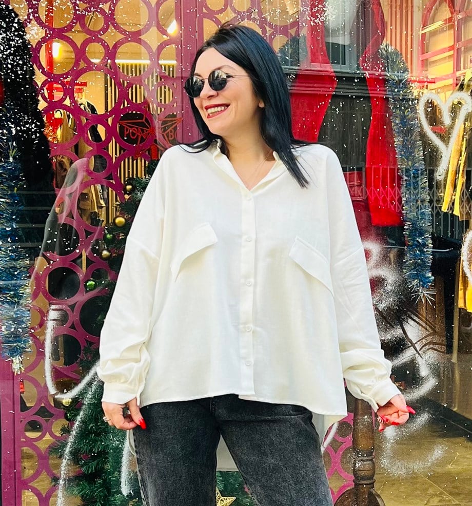 Beyaz Gömlek Yaka Cep Kapak Detaylı Balon Kol SalaşGömlek