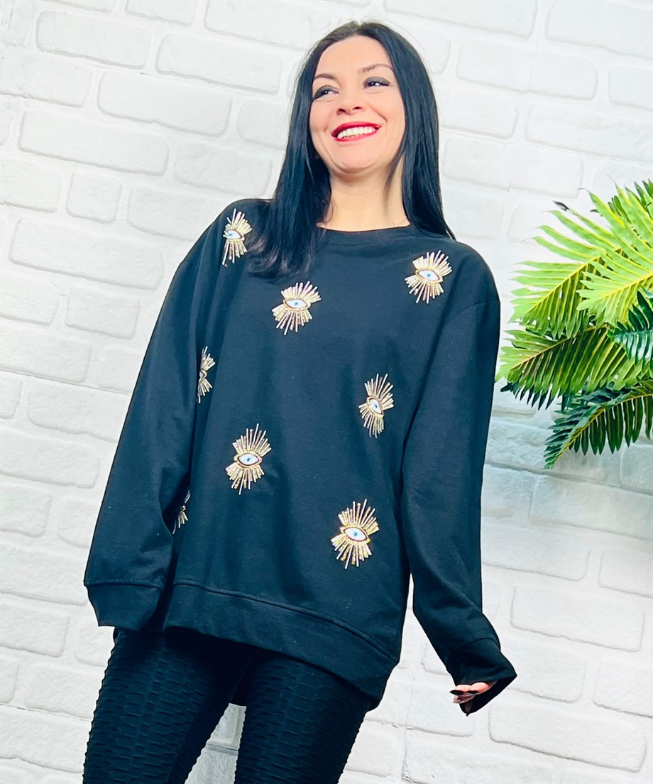 Bisiklet Yaka Nazar Göz Nakışlı Sweatshirt