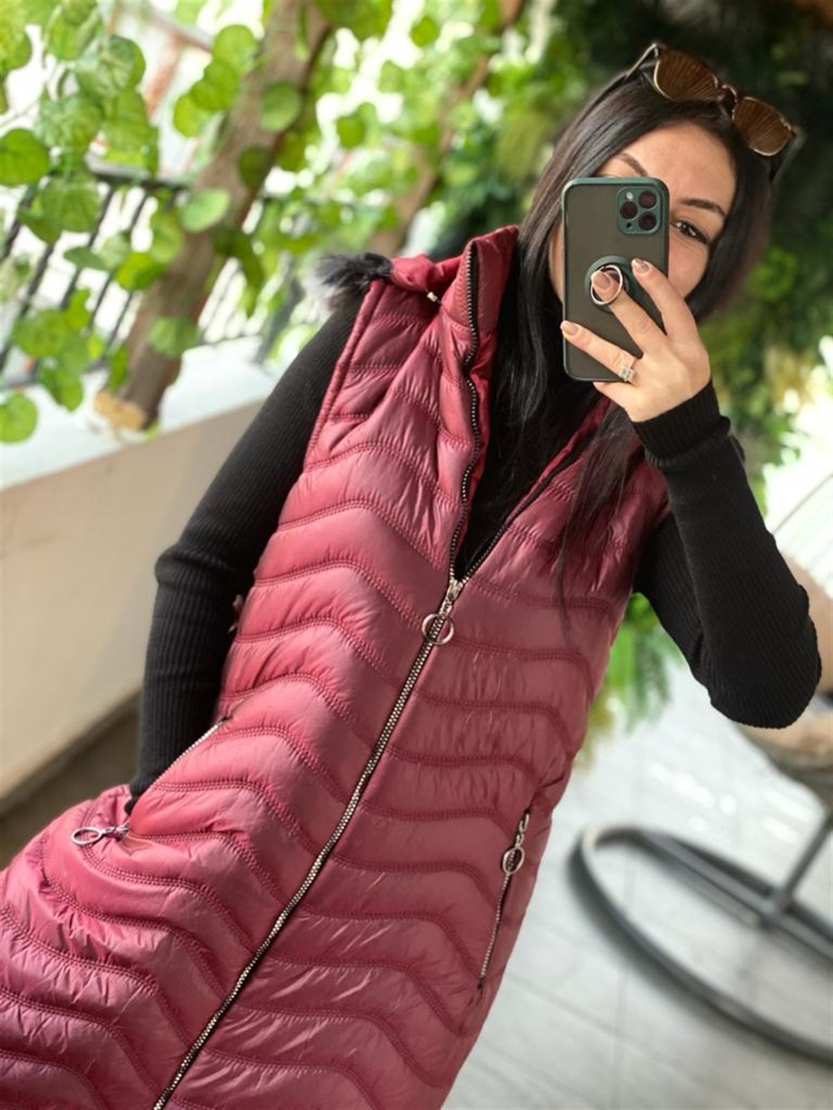 Bordo Renkli Büyük Beden Seçenekli Midiboy Kapişonlu Şişme Yelek