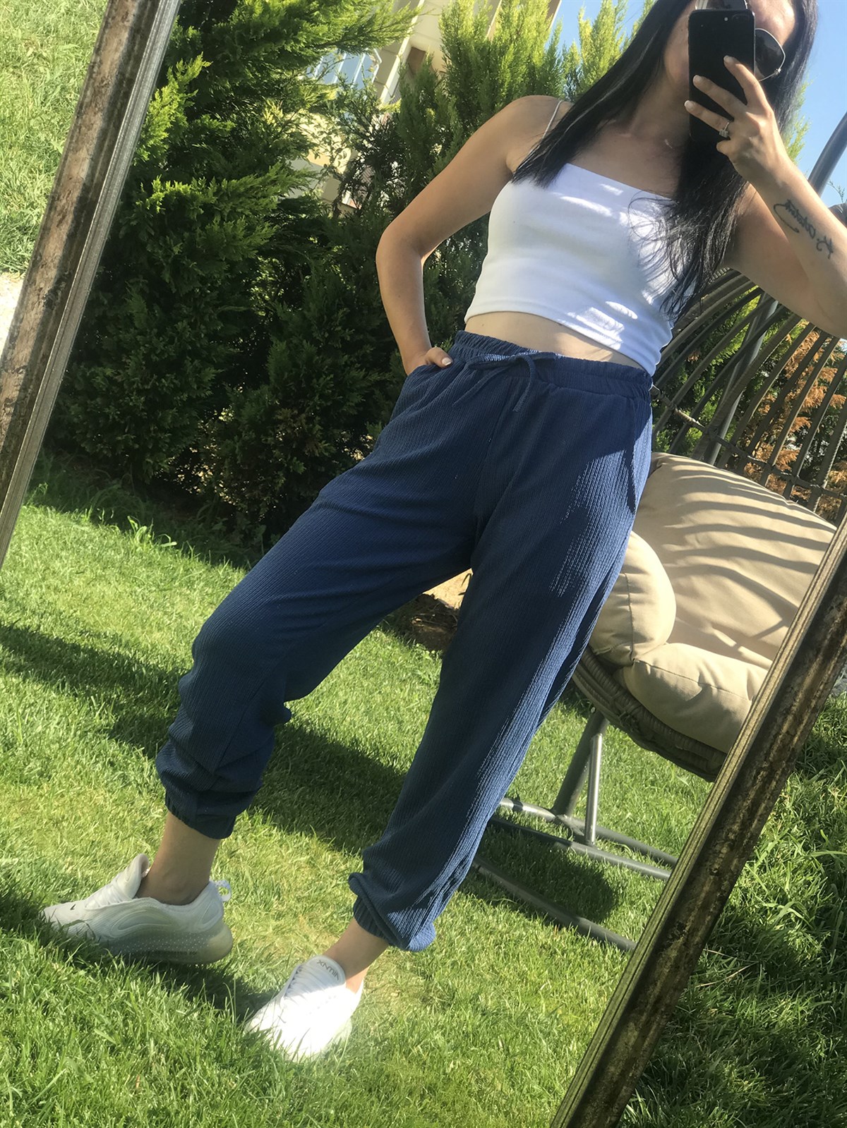 Bürümcük Kumaş Paçası Lastikli İndigo Pantolon