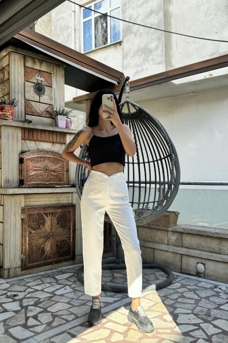 Dikiş Detaylı Boru Paça Atlas Pantolon Beyaz