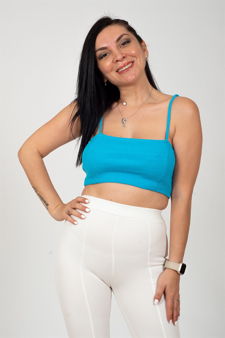 Mavi İnce Askılı Kaşkorse Crop