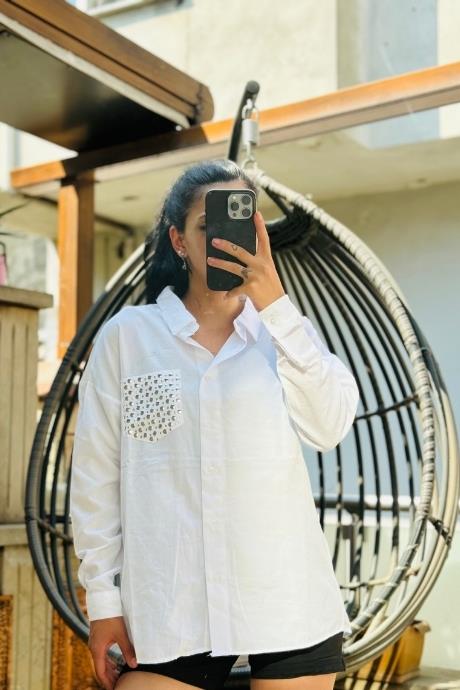 Cep Metal Taş Detaylı Pamuklu Gömlek Beyaz