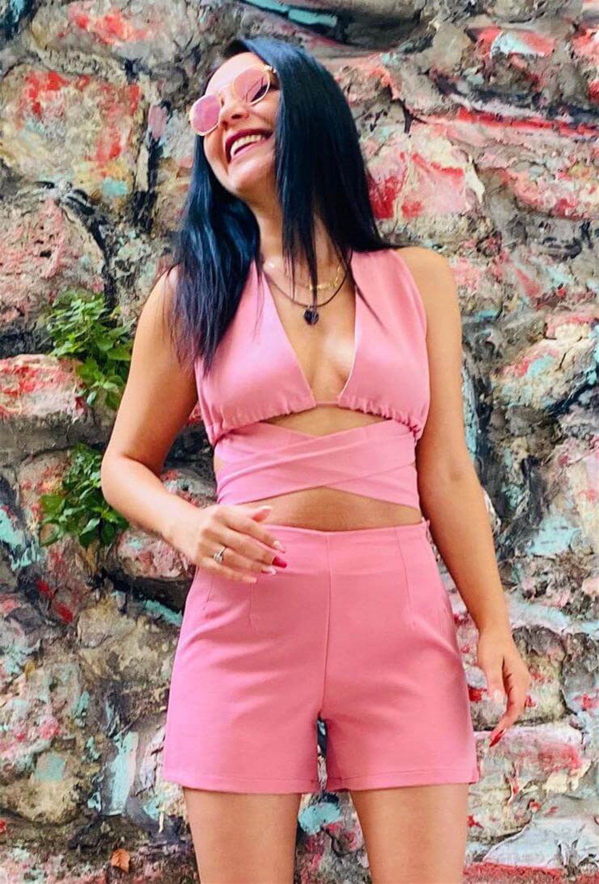 Çapraz Tasarım Gül Rengi Crop Bluz