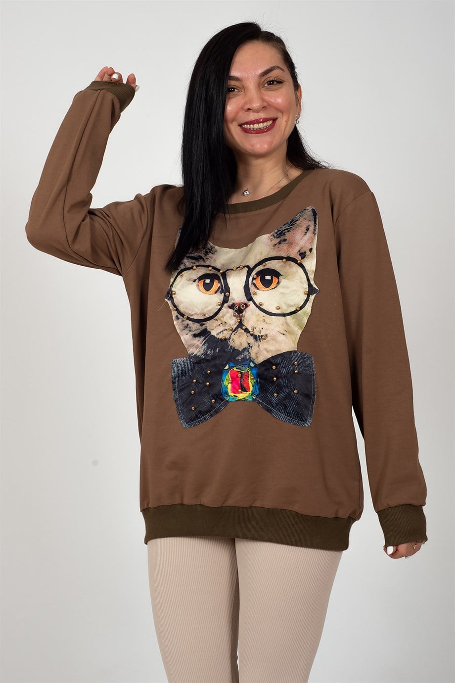 Kahverengi Bisiklet Yaka Rahat Baykuş Desen Baskılı Sweatshirt