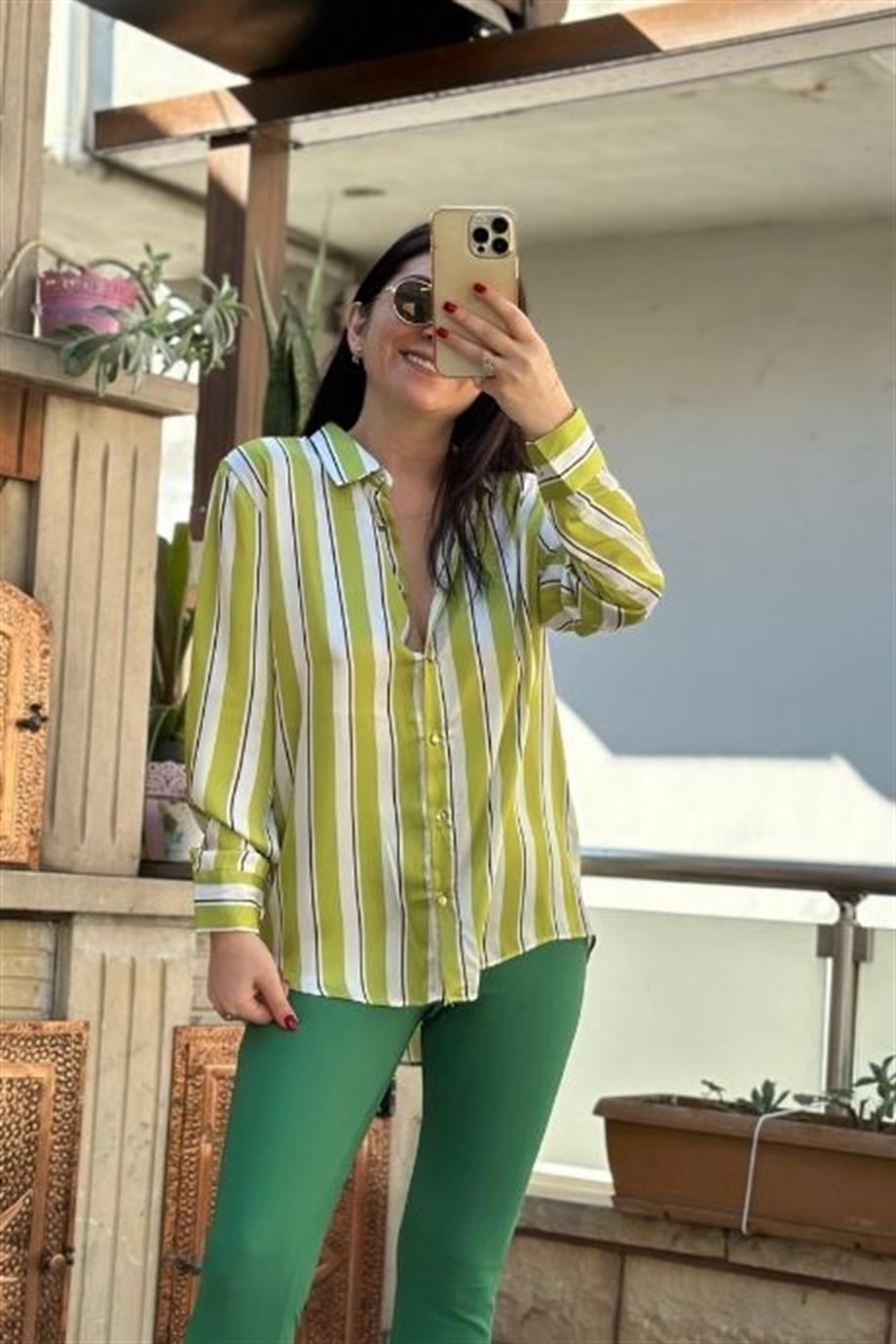 Ön Düğmeli Şeritli Saten Gömlek YEŞİL