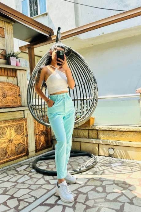 Bel Lastik Detaylı Mom Jean Mavi