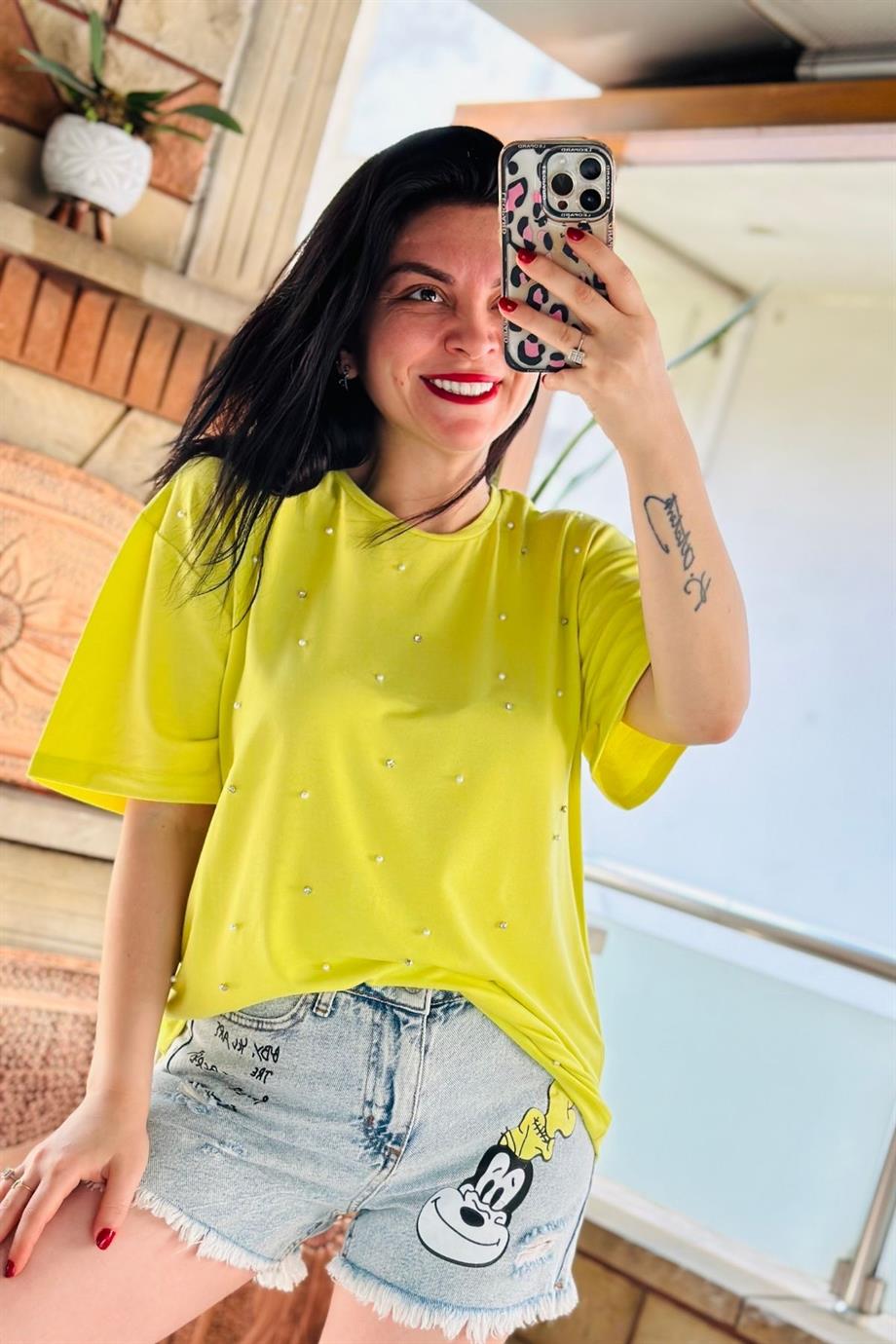 Bisiklet Yaka İnci Taş Detaylı Tshirt Fıstık Yeşili
