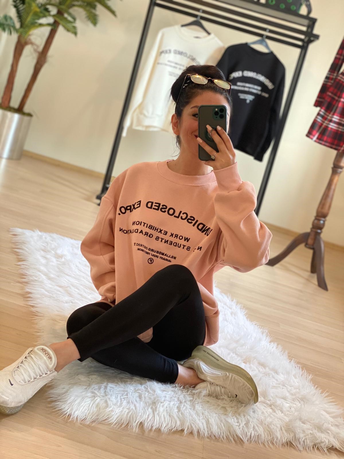 Cepli Baskılı Pudra Renk Sweatshirt