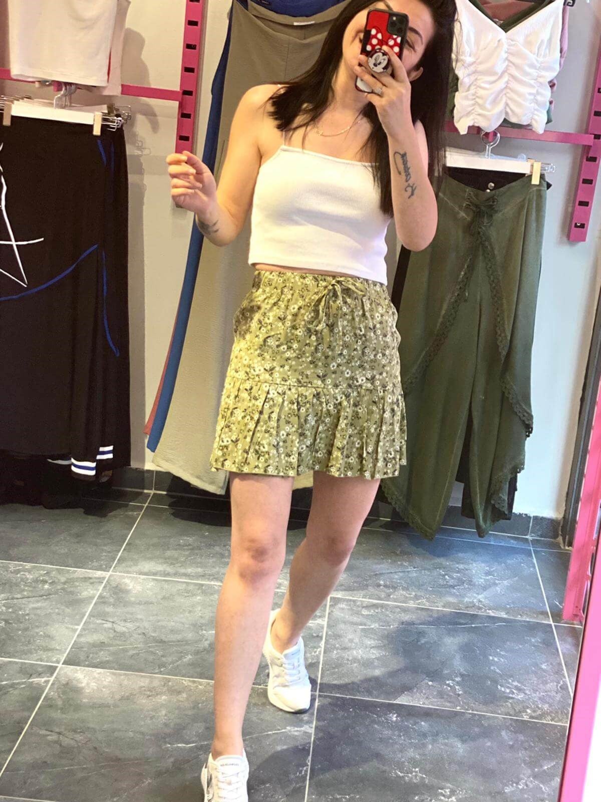 Çıtır Çiçek Desenli Yeşil İçi Şortlu Etek Crop Takım