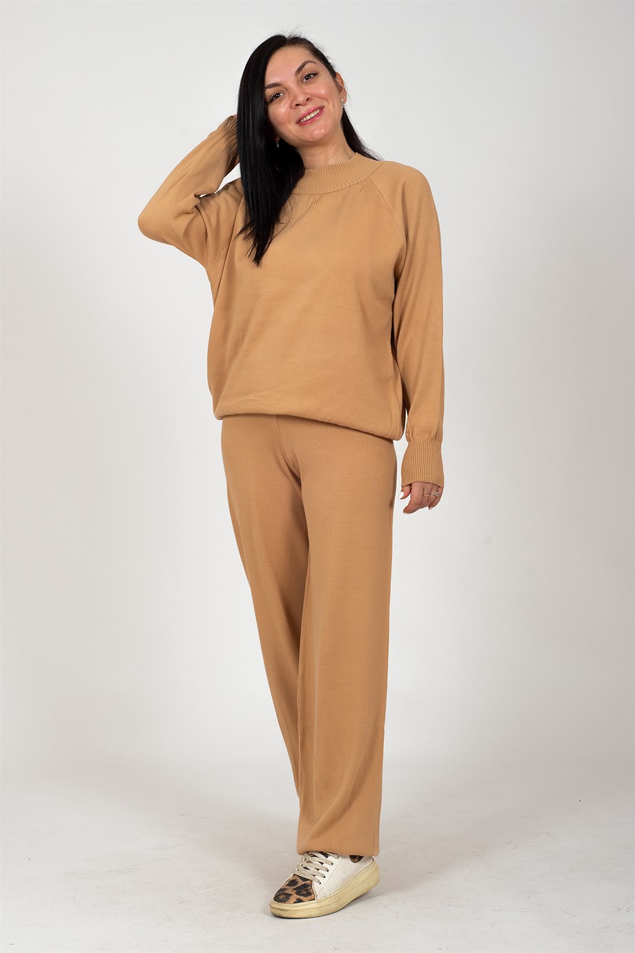 Camel Dik Yaka Pamuklu Şalvar Paça Triko 2'li Takım