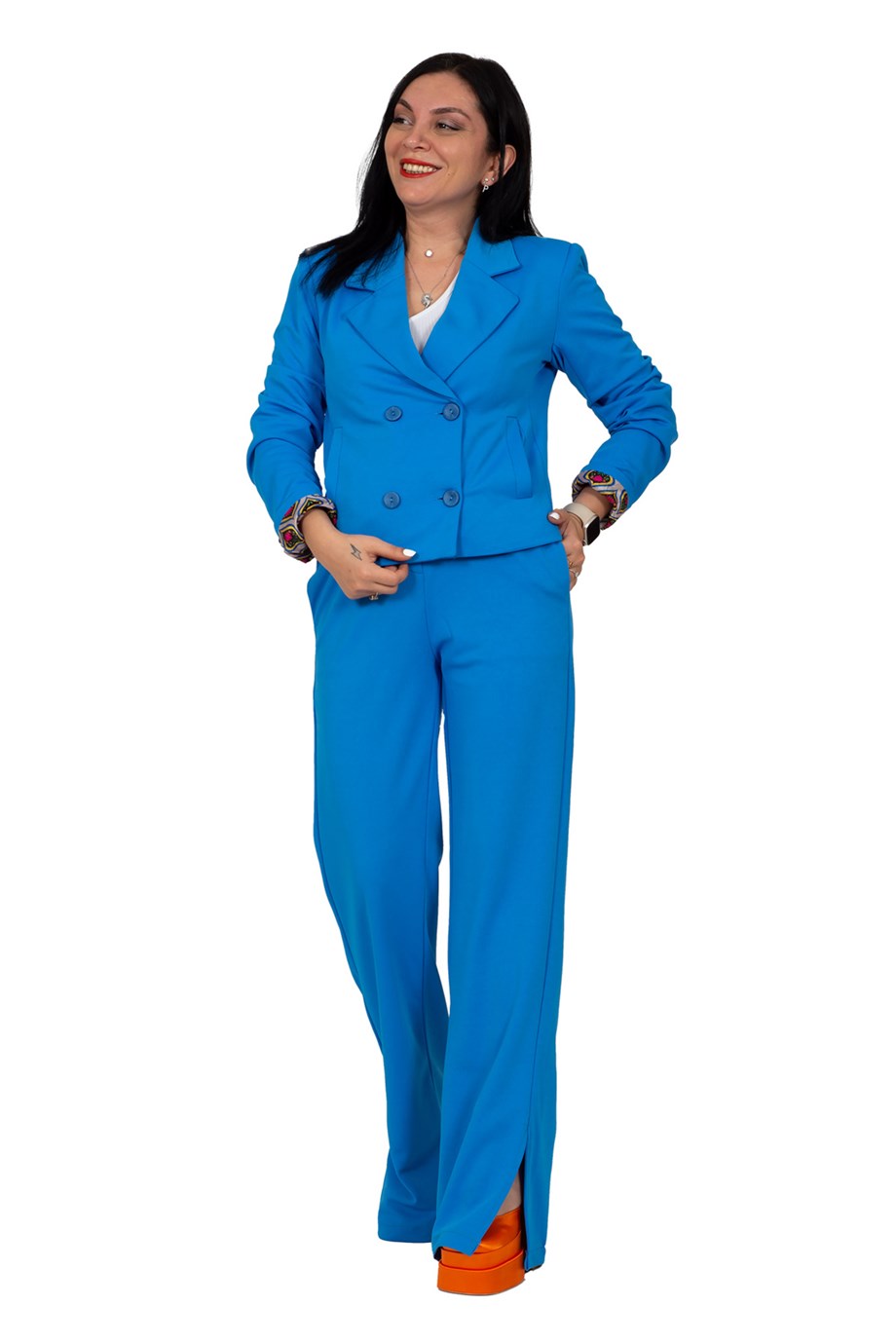 Mavi Düğmeli İçi Astarlı Ceket Pantolon Yırtmaç Detaylı İkili Takım