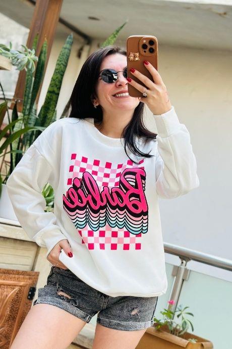 Dama 3D Baskılı Barbie Sweatshirt EKRU