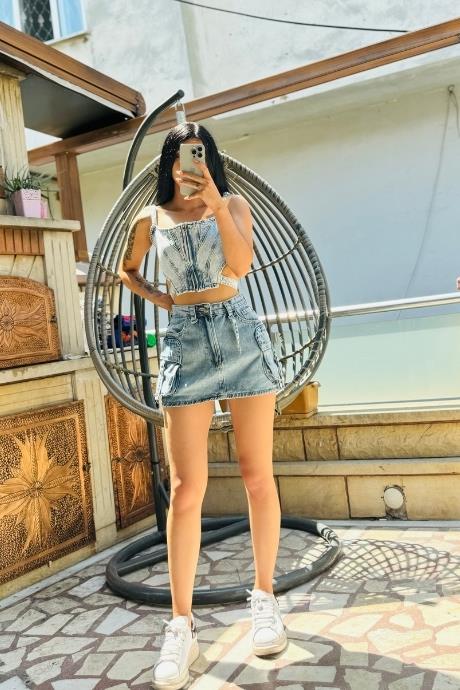Kargo Cep Model Kot Etek Buz Mavi
