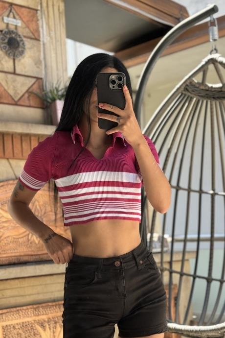 Sık Şerit Detaylı Triko Crop Fuşya