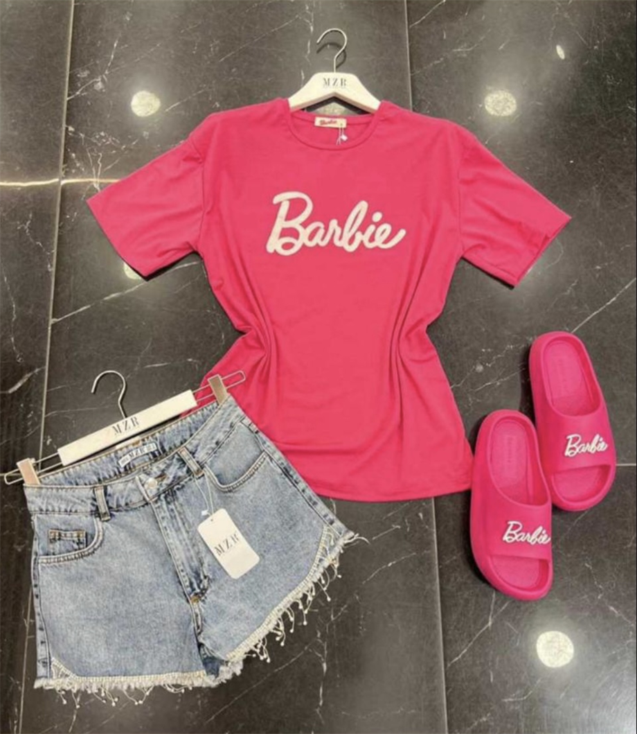 Düz Barbie Yazı Baskılı T-shırt BEYAZ