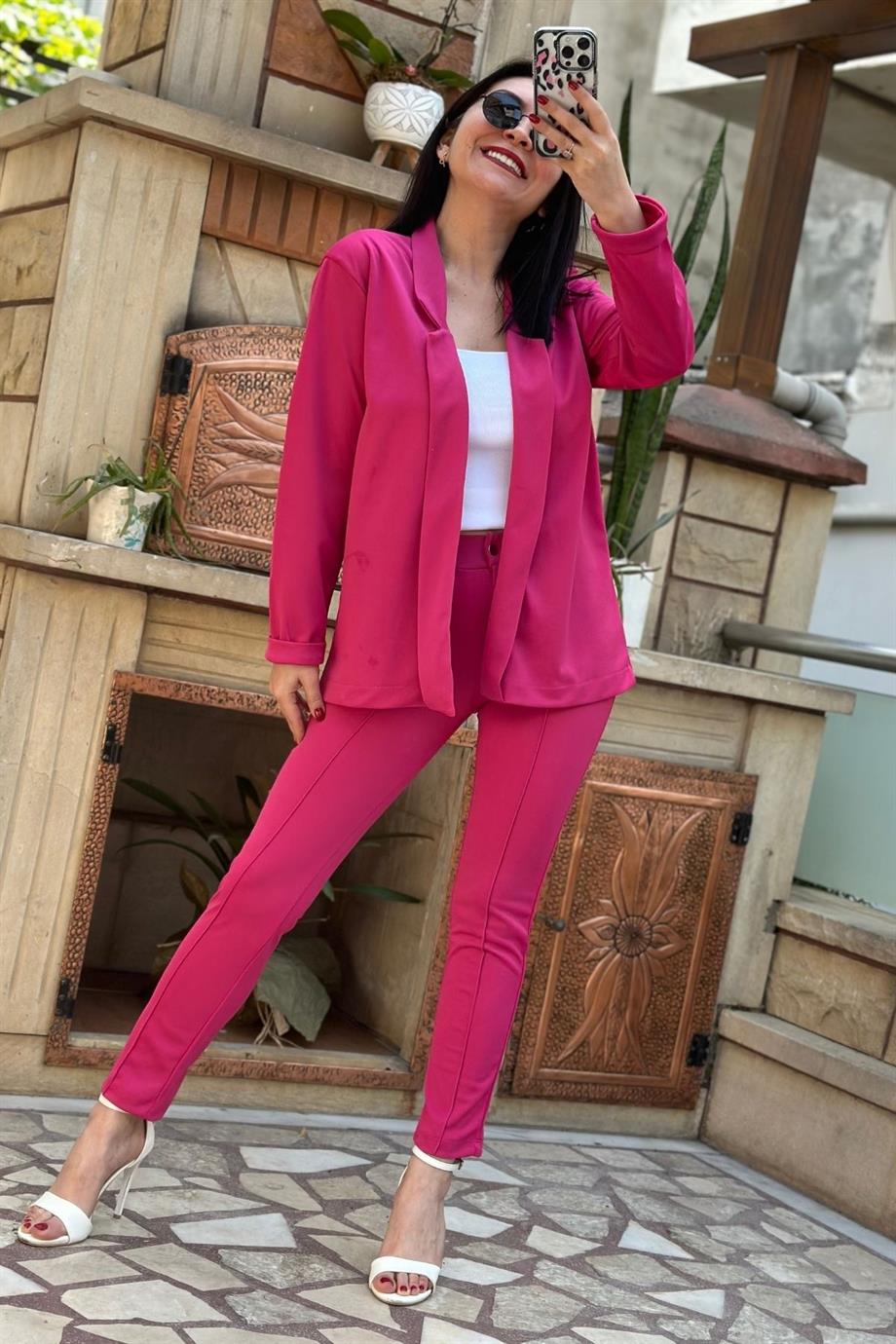 Duble Yaka Yüksek Bel Pantolon Ceket Takım Fuşya