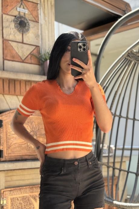 Merdiven Yaka Triko Çizgili Crop