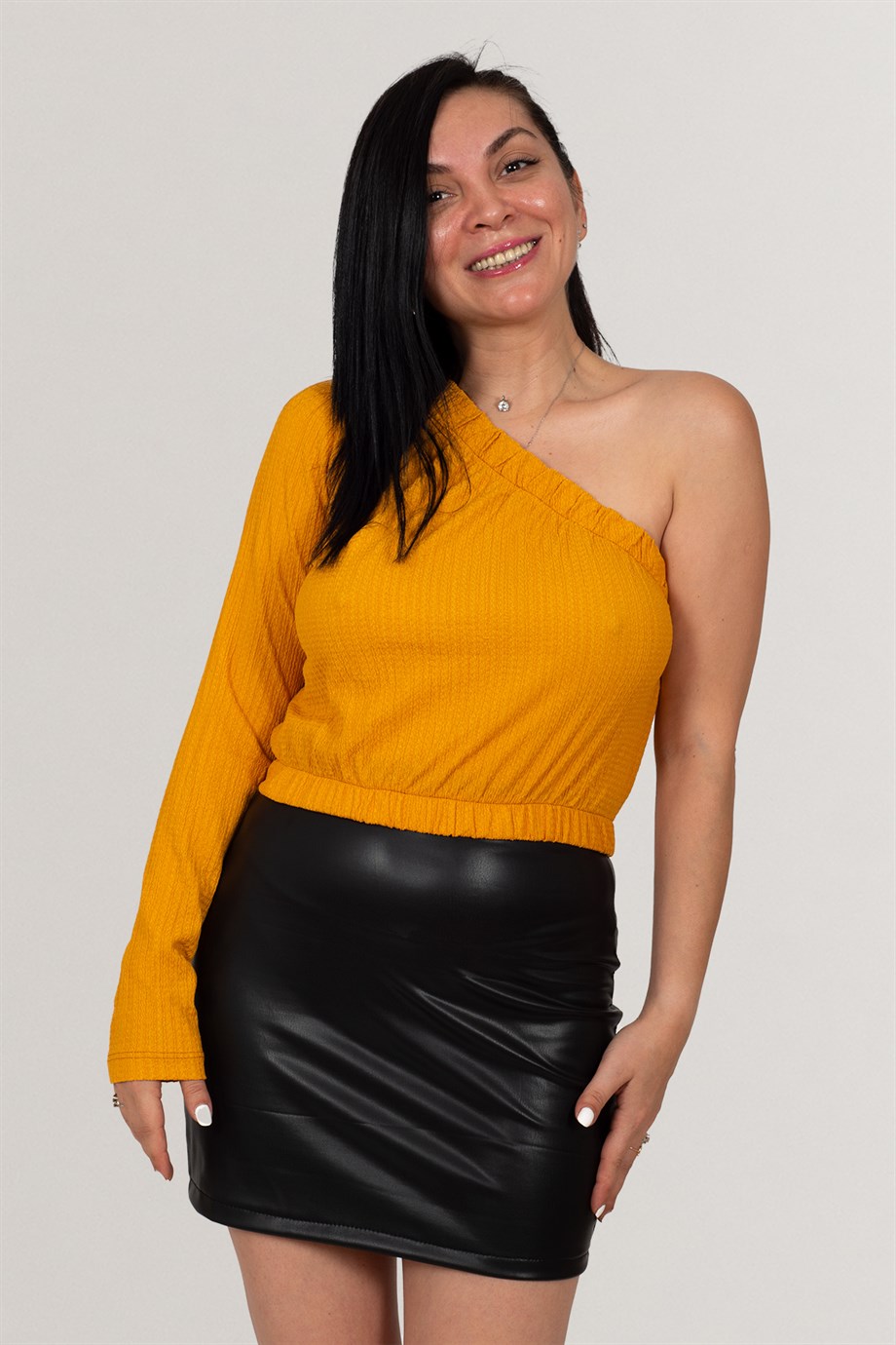 Hardal Tek Omuz Uzun Kol Bel Lastik Bluz