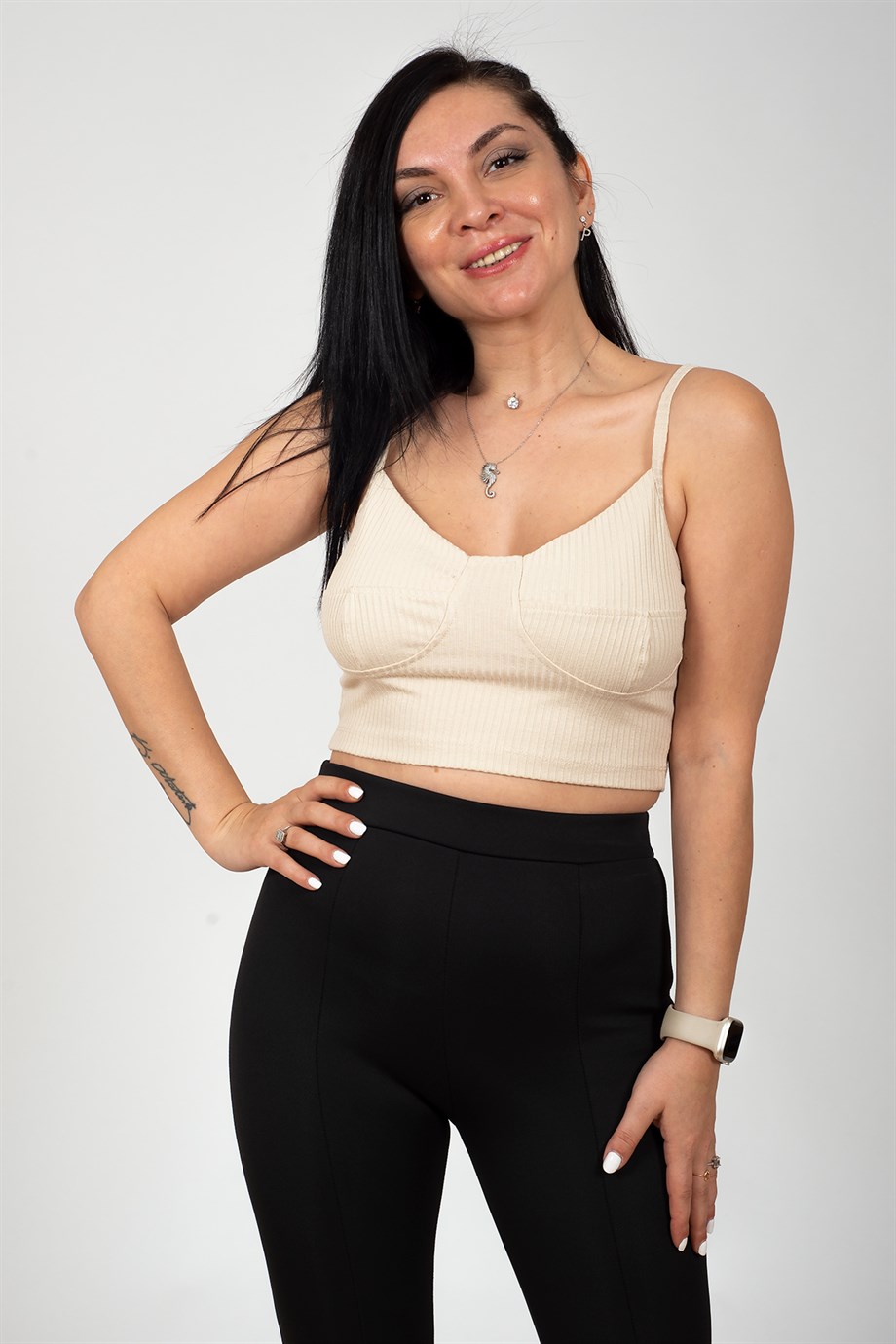 Bej İnce Askılı Crop Büstiyer