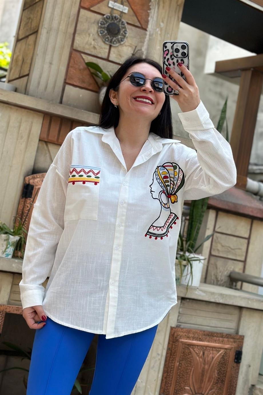 Pamuklu Keten Nakışlı Gömlek EKRU