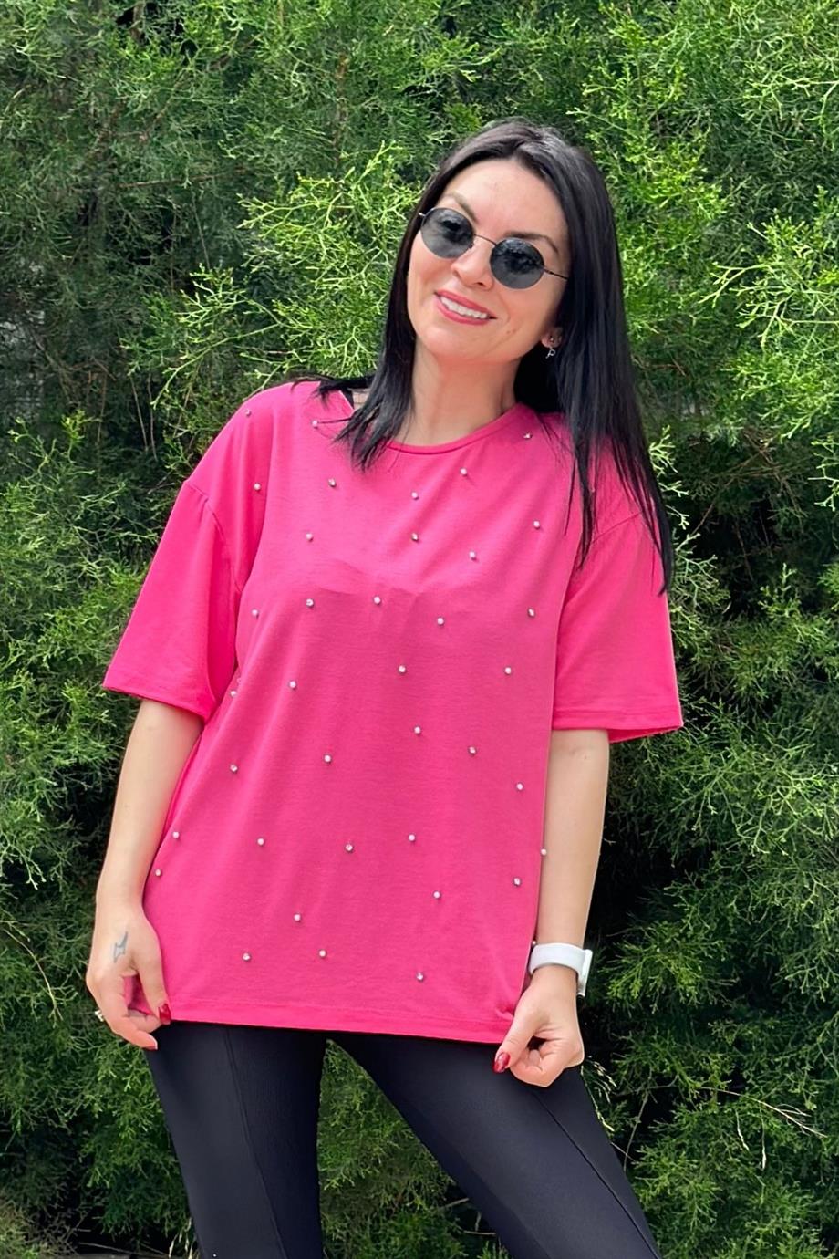 Bisiklet Yaka İnci Taş Detaylı Tshirt FUŞYA