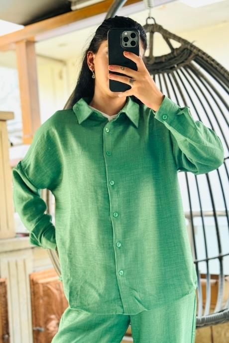 Keten Kumaş Pamuklu Basic Gömlek Yeşil 