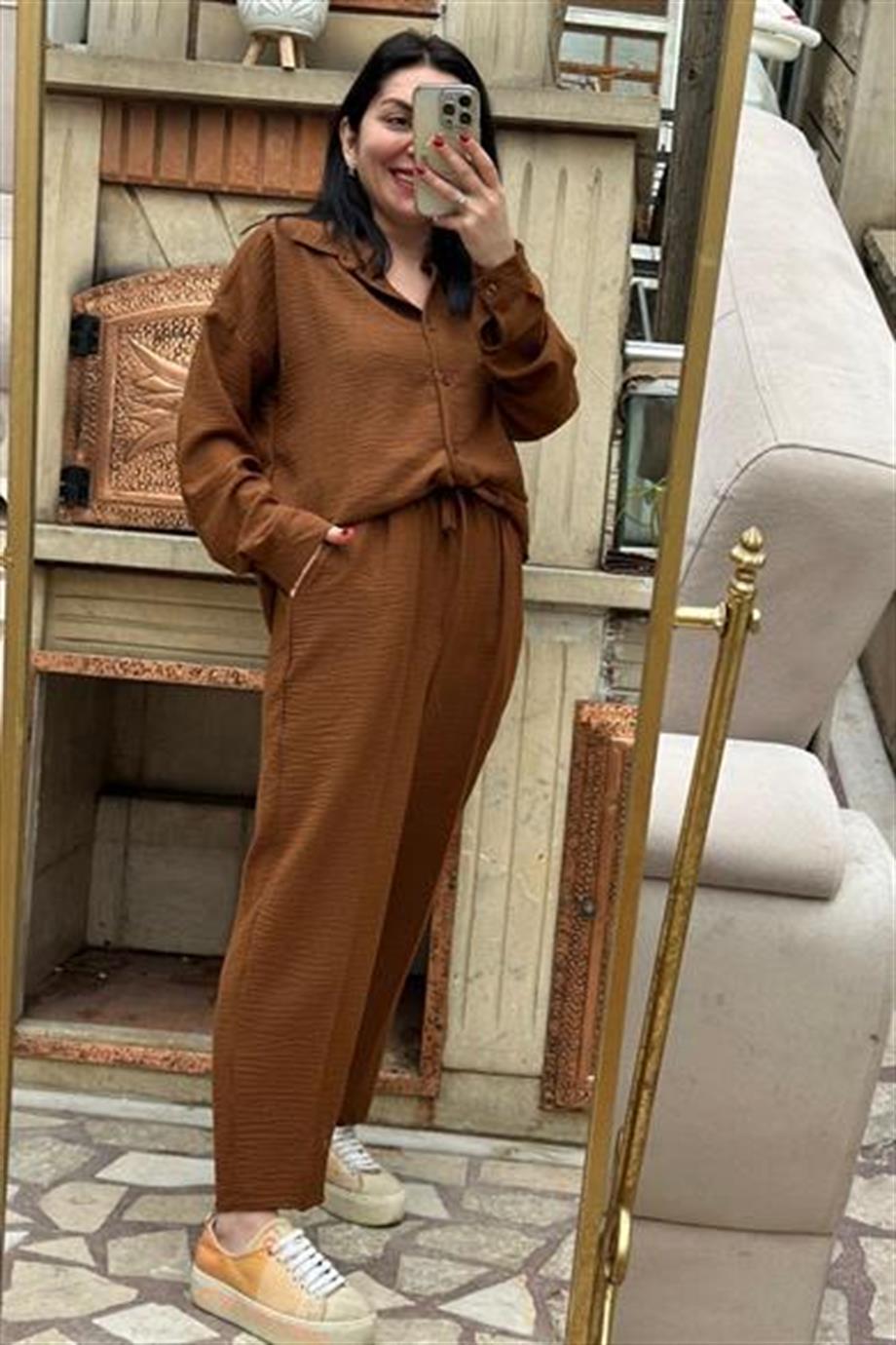 Oversize Kalıp Gömlek Şalvar İkili Takım KAHVERENGİ