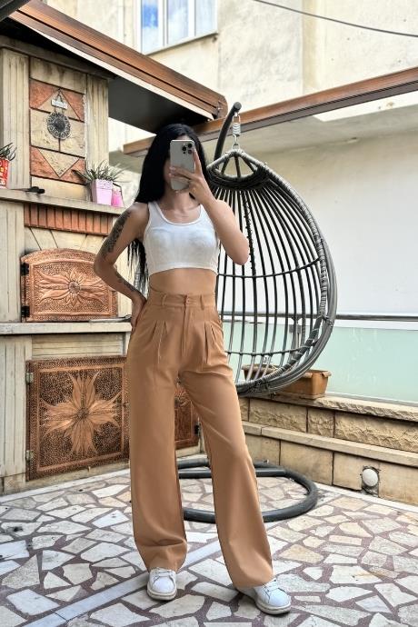 Palazzo Model Atlas Kumaş Pantolon Camel Kumaş