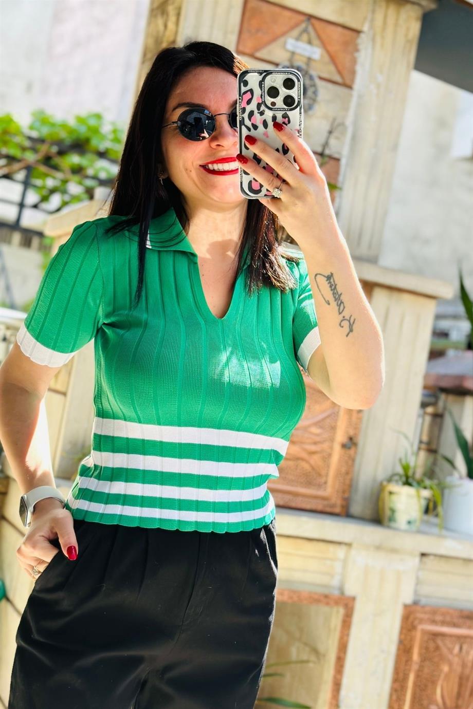 Triko Çizgili Bluz YEŞİL
