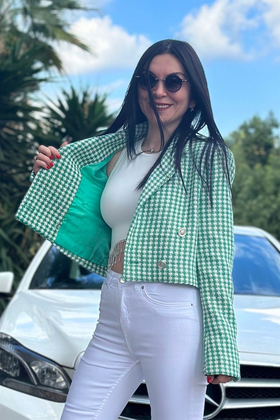 Kare Desenli Düğmeli İçi Astarlı Omuz Vatkalı Crop Blazer Ceket Yeşil