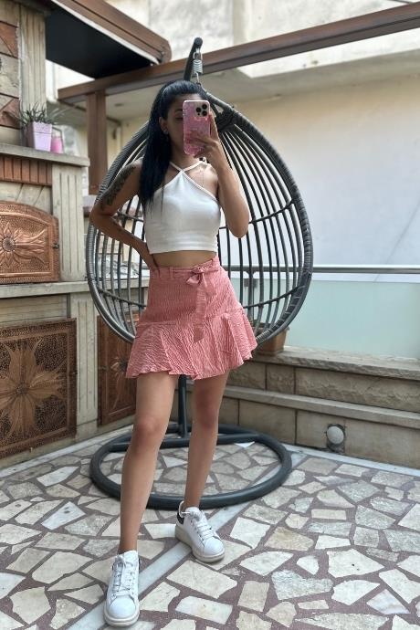 Bel Kemer Detaylı Şort Etek Pembe