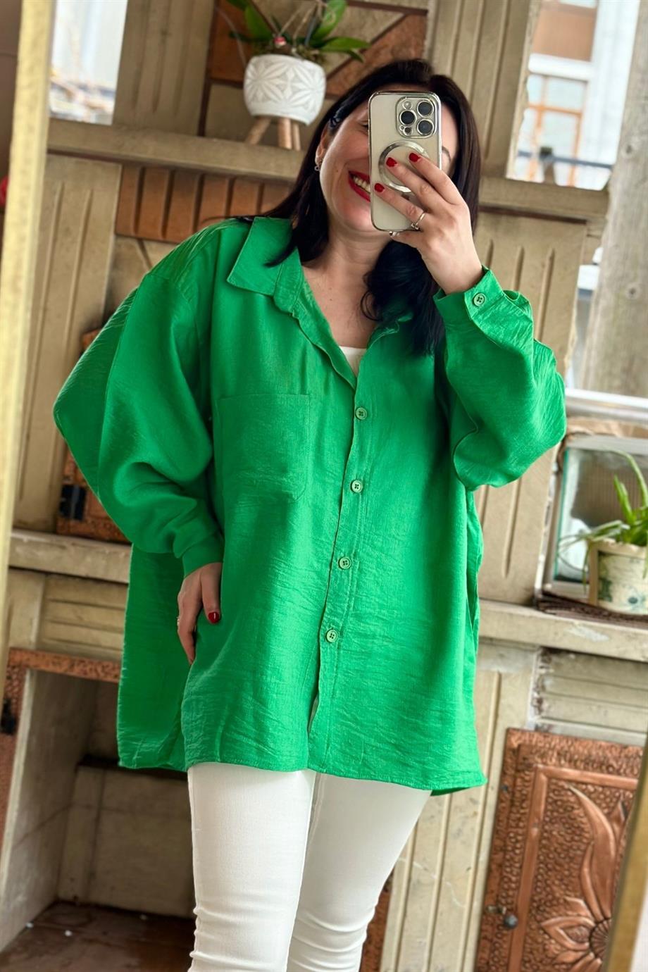 Salaş Oversize %100 Pamuklu Keten Kumaş Gömlek YEŞİL