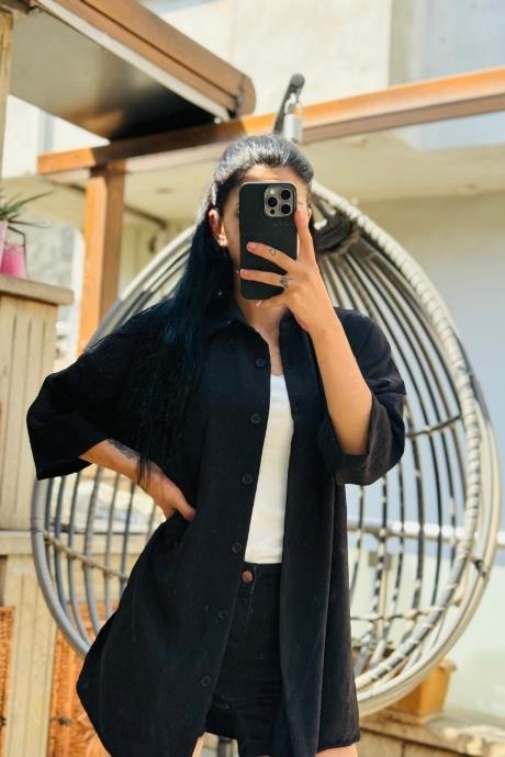 Yarım Kol Model Keten Kumaş Gömlek Siyah