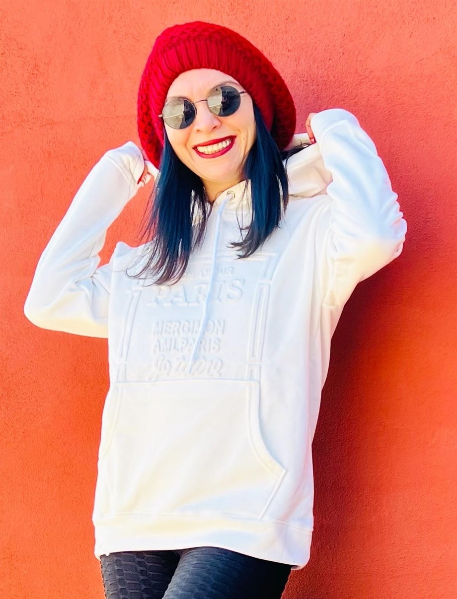 Ekru Kapüşonlu Kabartma Baskılı İçi Şardonlu Sweatshirt