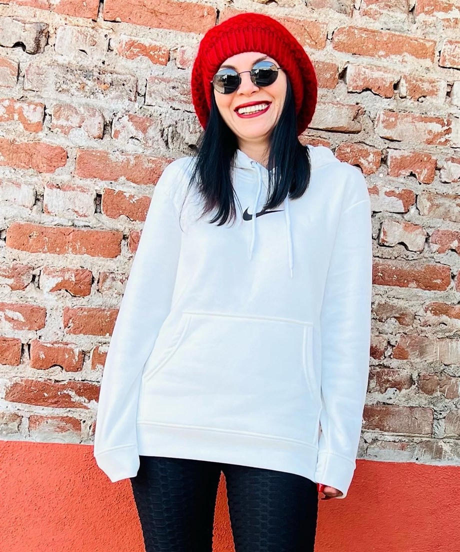 Ekru Kapüşonlu Ön ve Arka Baskılı İçi Şardonlu Sweatshirt